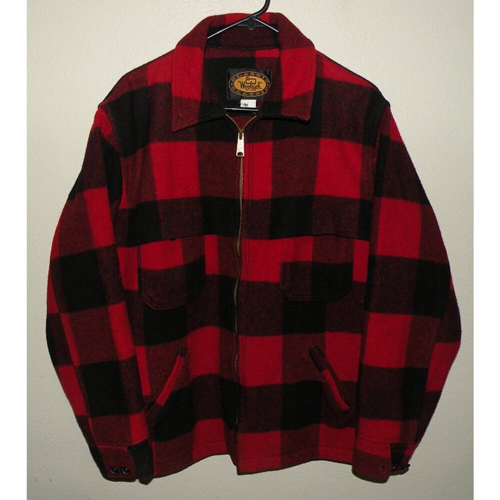 Vtg 90s Woolrich Wool Zipper Jacket Coat Mens Large Red Black Buffalo Plaid USA